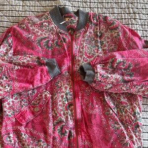Free People Floral Pink Bomber Jacket with Gray Accents
